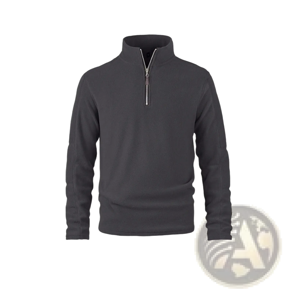 Men’s dark gray quarter zip polar fleece pullover hoodie with subtle ribbed texture and silver zipper