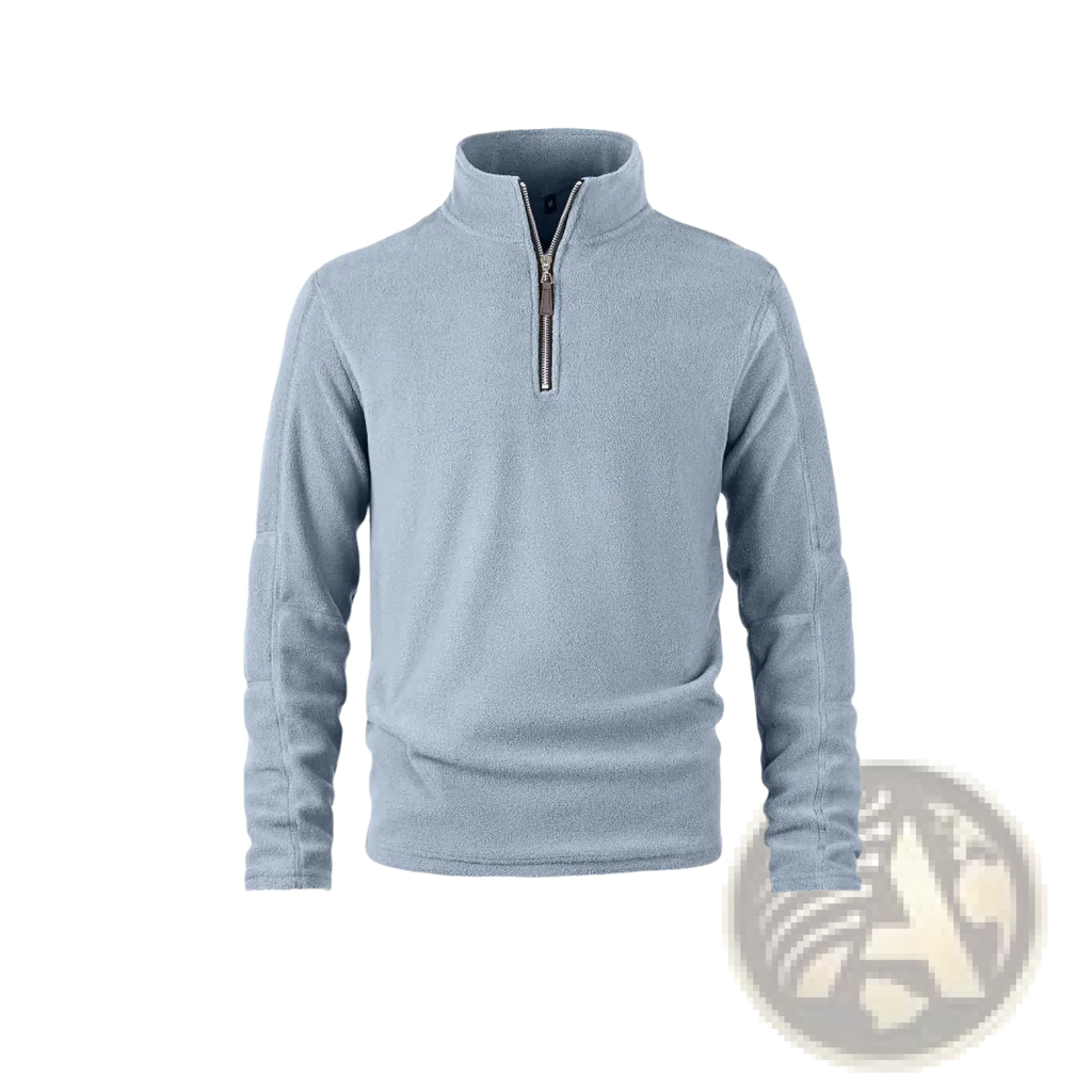 Men’s light blue quarter zip polar fleece pullover hoodie with soft textured fabric and ribbed cuffs
