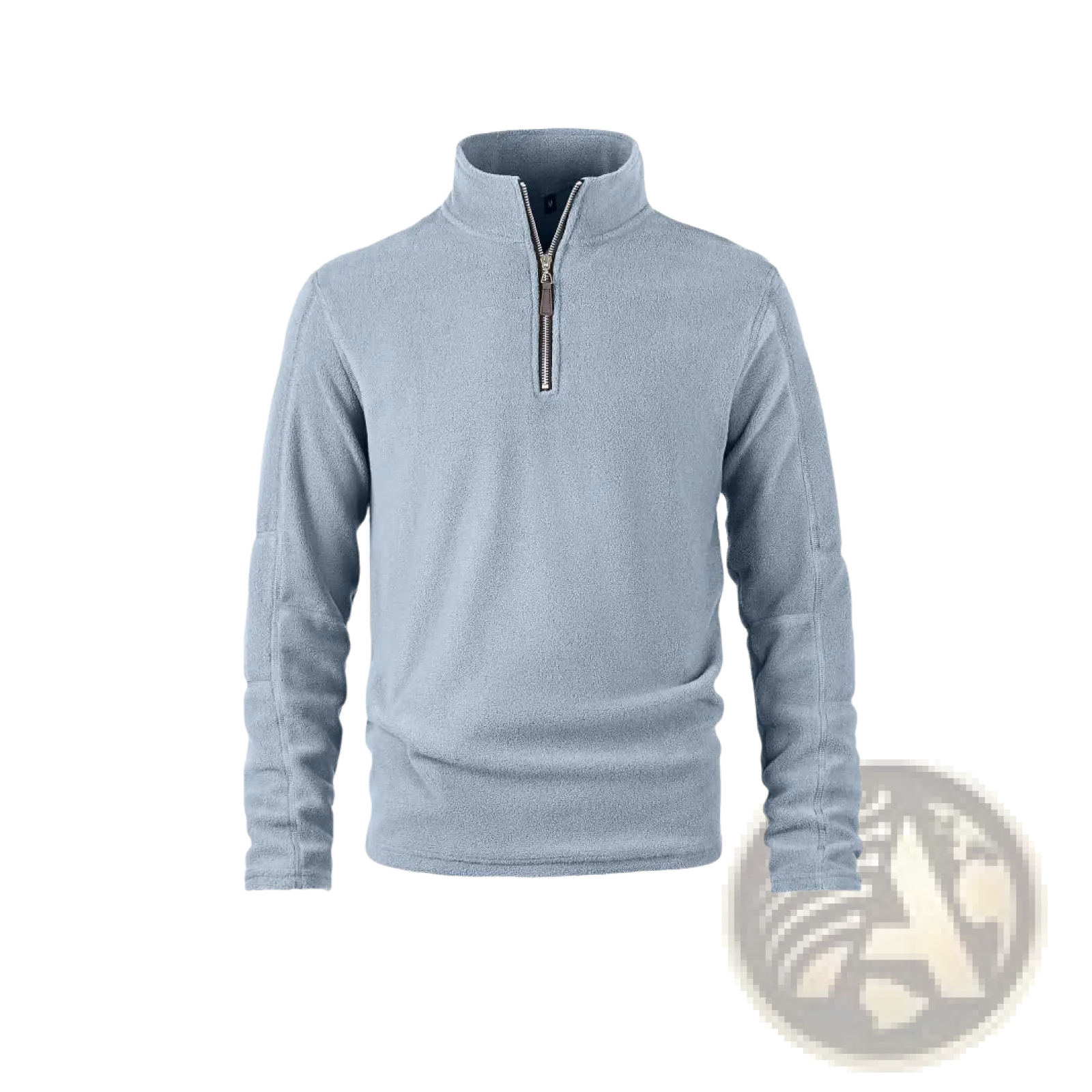 Men’s light blue quarter zip polar fleece pullover hoodie with soft textured fabric and ribbed cuffs