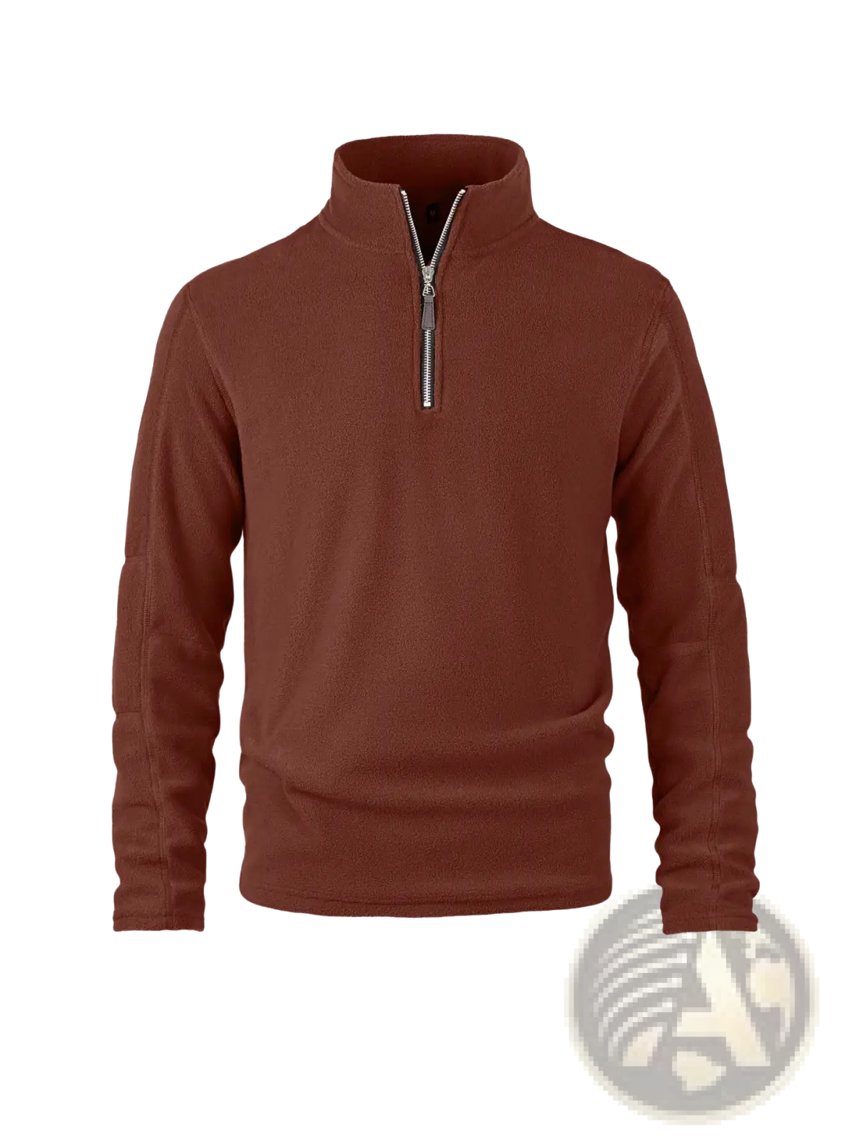 Men’s rust-colored quarter zip polar fleece pullover hoodie with long sleeves and ribbed collar for cold weather