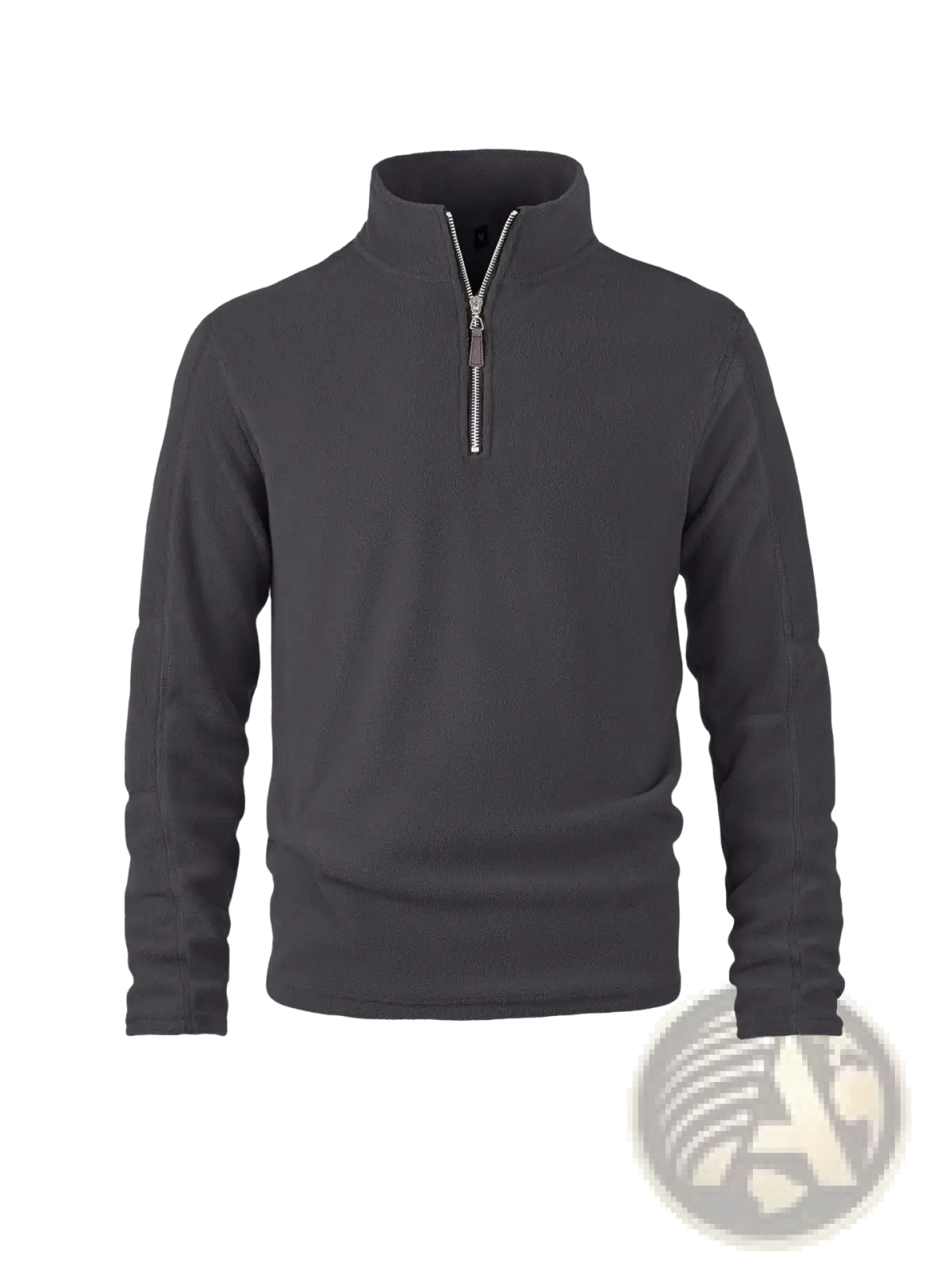 Men’s dark gray quarter zip polar fleece pullover hoodie with silver zipper and ribbed cuffs for cold weather use