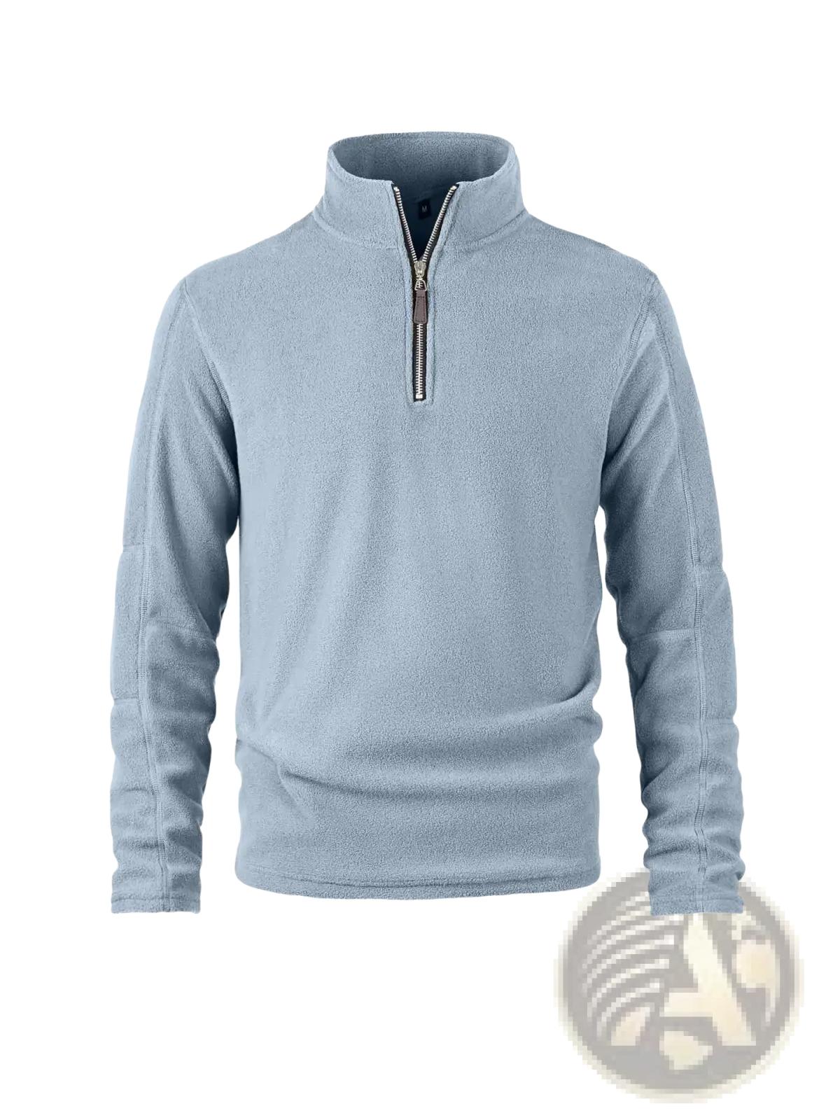 Light blue men’s quarter zip polar fleece pullover with half-zip front and ribbed cuffs for warmth and comfort