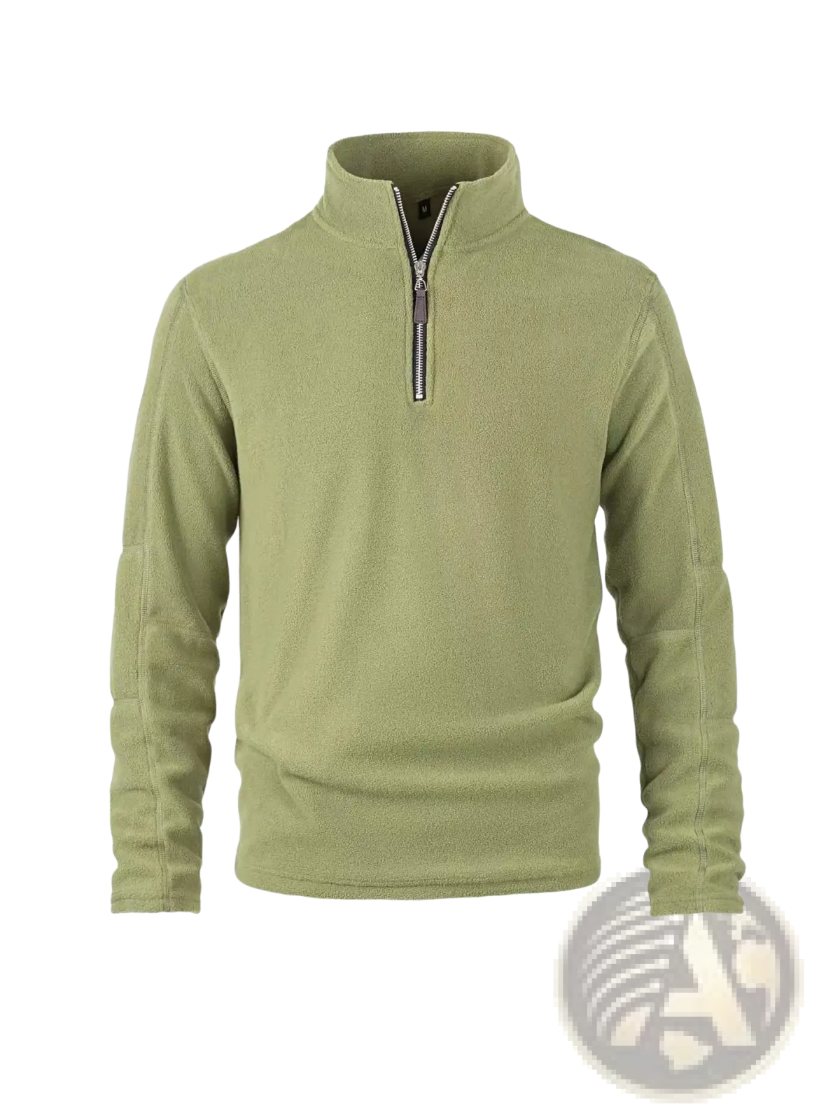 Men’s olive green quarter zip polar fleece pullover hoodie with textured soft material and ribbed cuffs