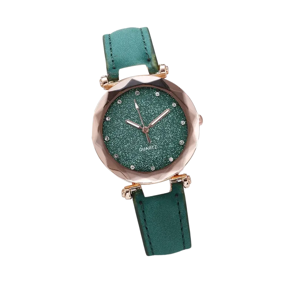Mens quartz leather business watch with emerald green glittery dial rose gold tone case and matching leather strap