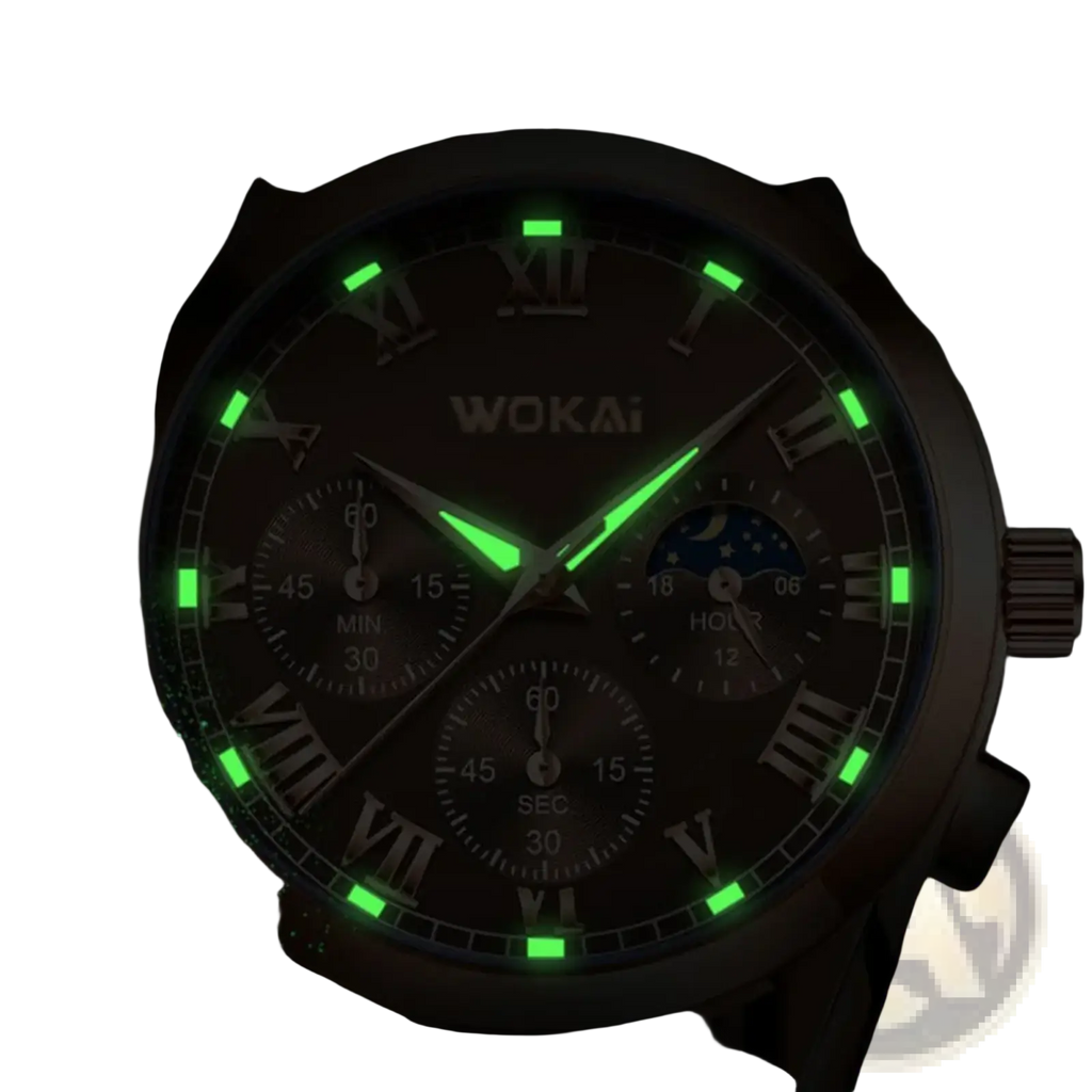 Mens quartz leather business watch with glowing green wokai chronograph dark face roman numerals and subdials