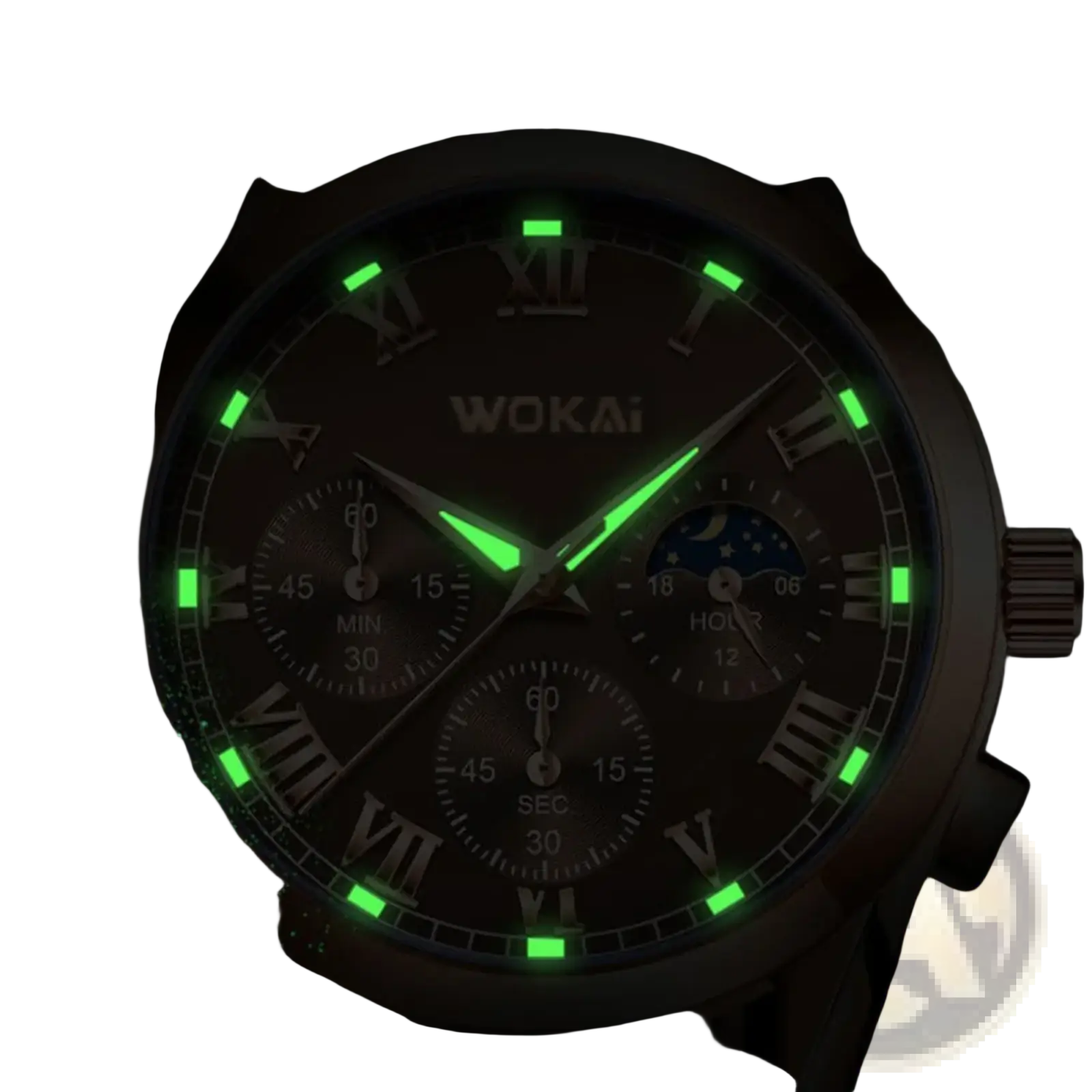 Mens quartz leather business watch with glowing green wokai chronograph dark face roman numerals and subdials