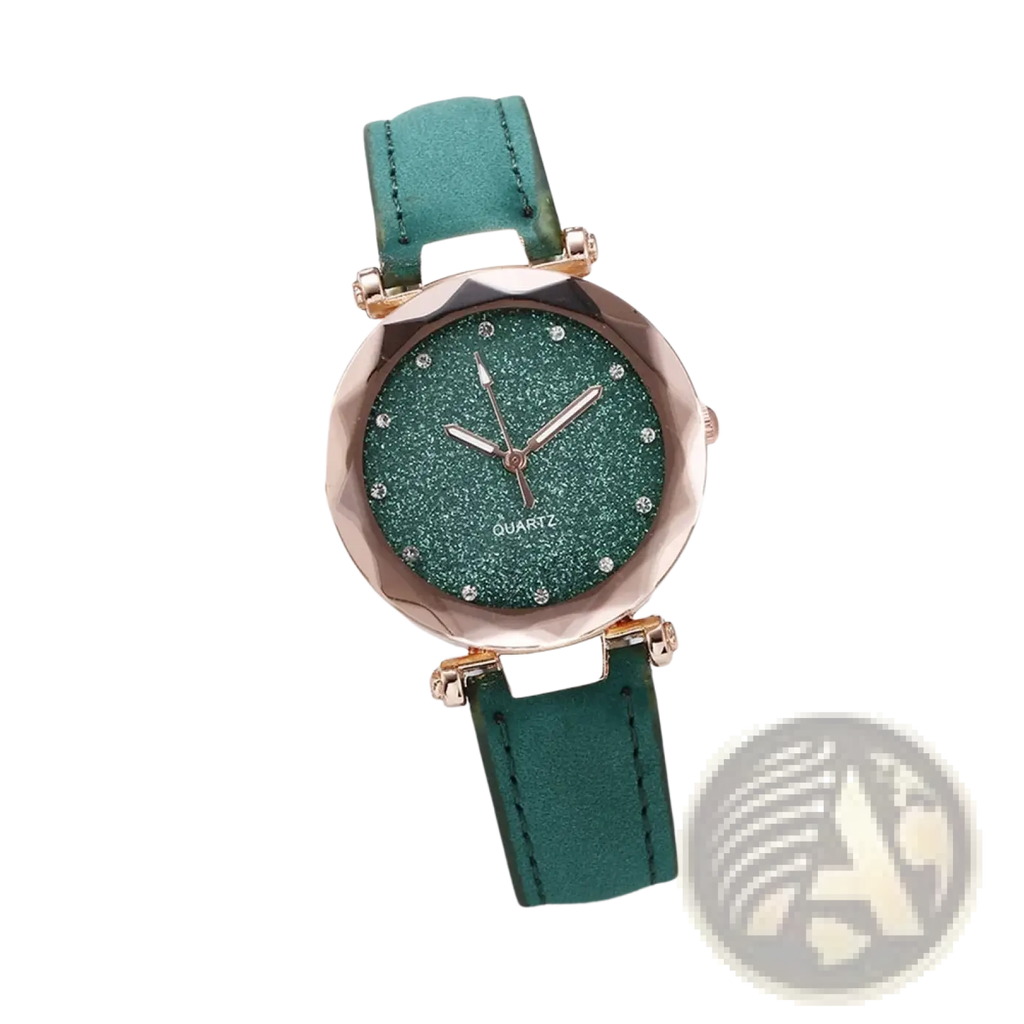 Mens quartz leather business watch with emerald green glittery dial rose gold tone case and matching leather strap