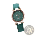 Mens quartz leather business watch with emerald green glittery dial rose gold tone case and matching leather strap