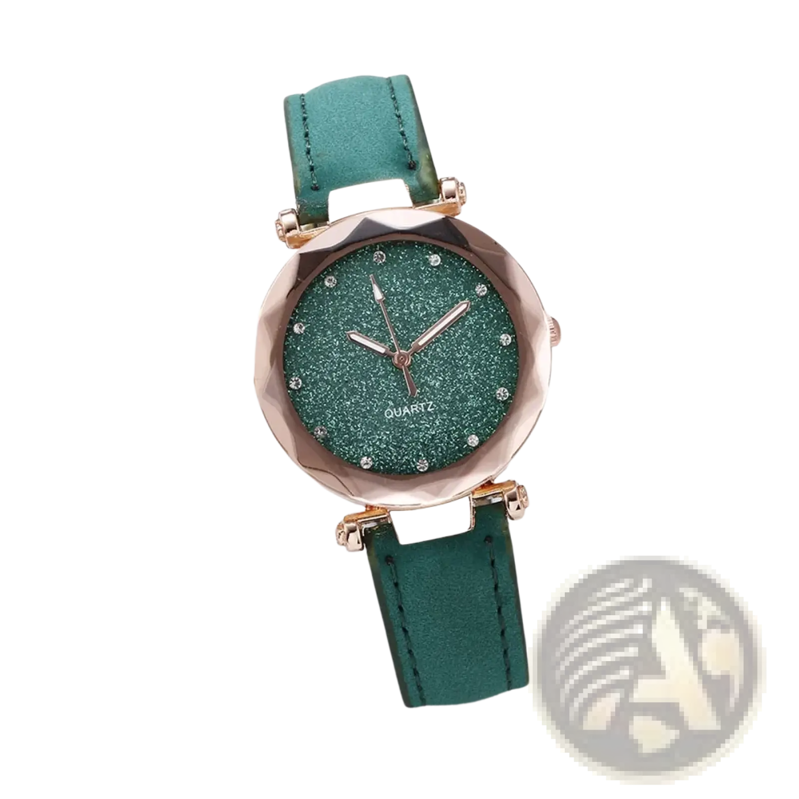 Mens quartz leather business watch with emerald green glittery dial rose gold tone case and matching leather strap