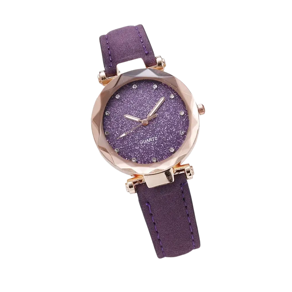 Mens quartz leather business watch with purple glitter dial rose gold-tone case and matching suede strap
