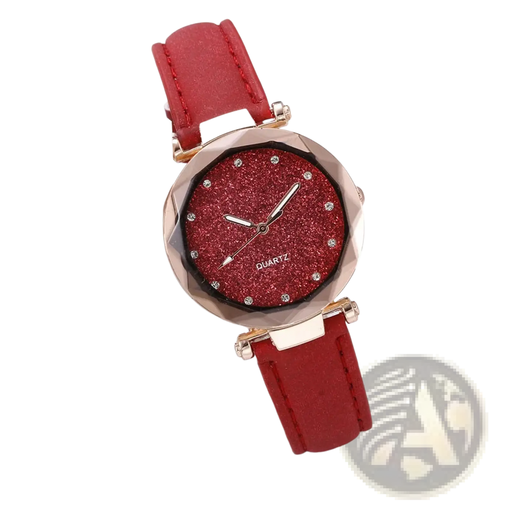 Mens quartz leather business watch with red glittery face, diamond-like embellishments, matching red strap, and rose gold case