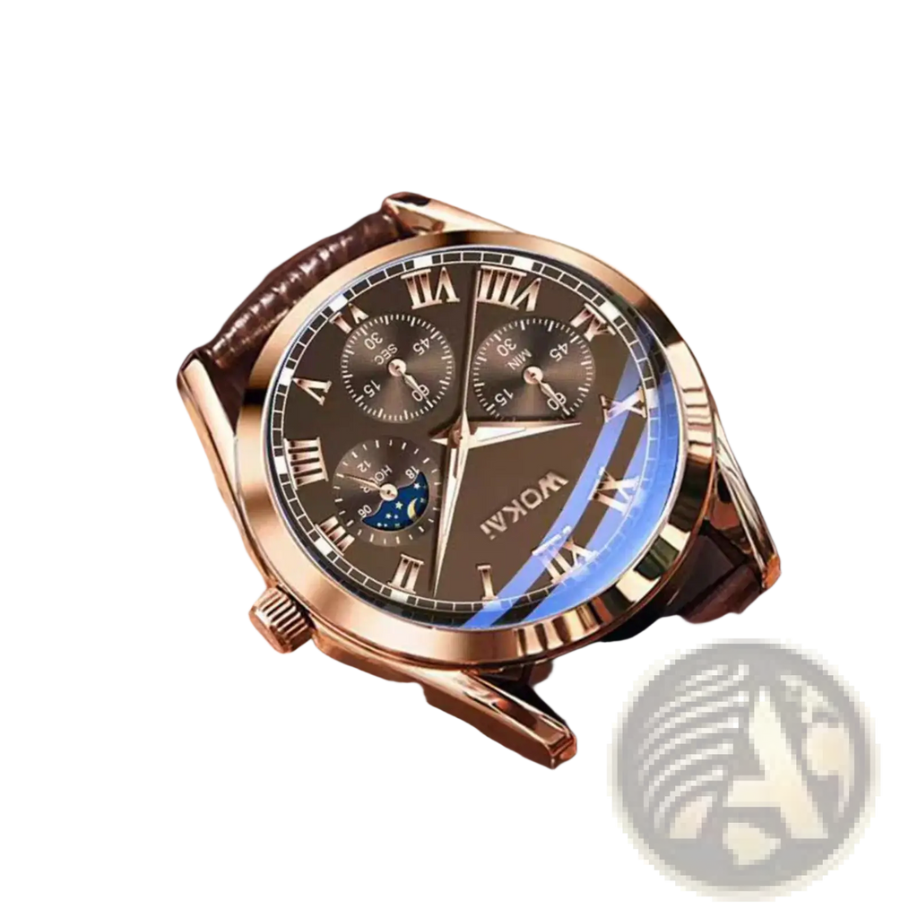 Mens quartz leather business watch rose gold chronograph with dark brown dial roman numerals and moon phase display