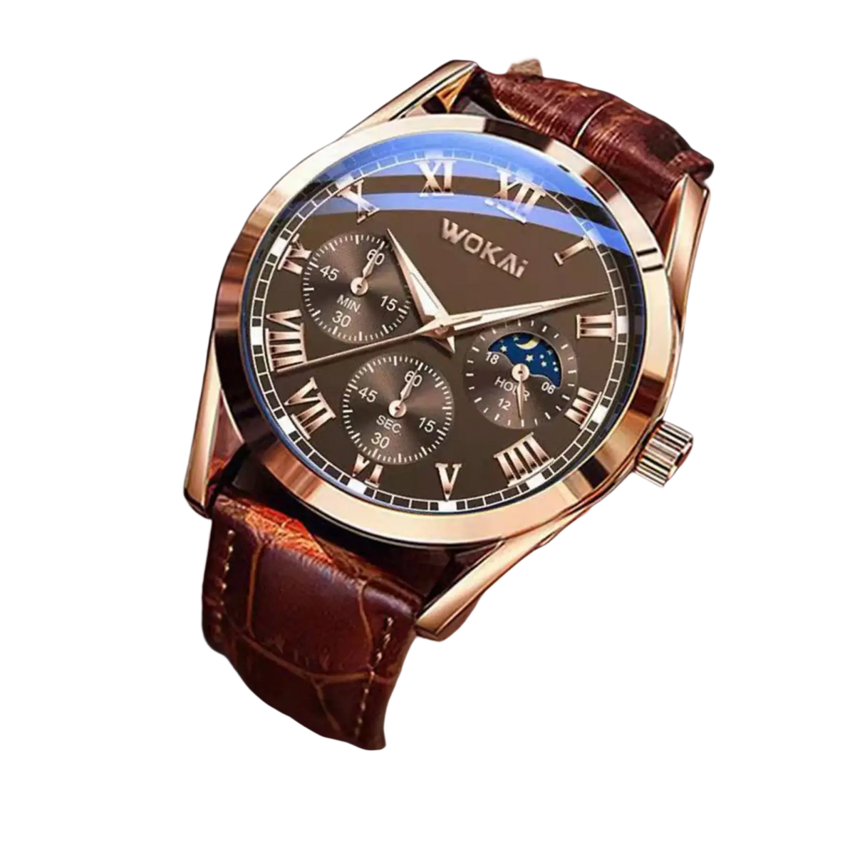 Rose gold-toned wokai mens quartz leather business watch with dark brown dial roman numerals and textured strap