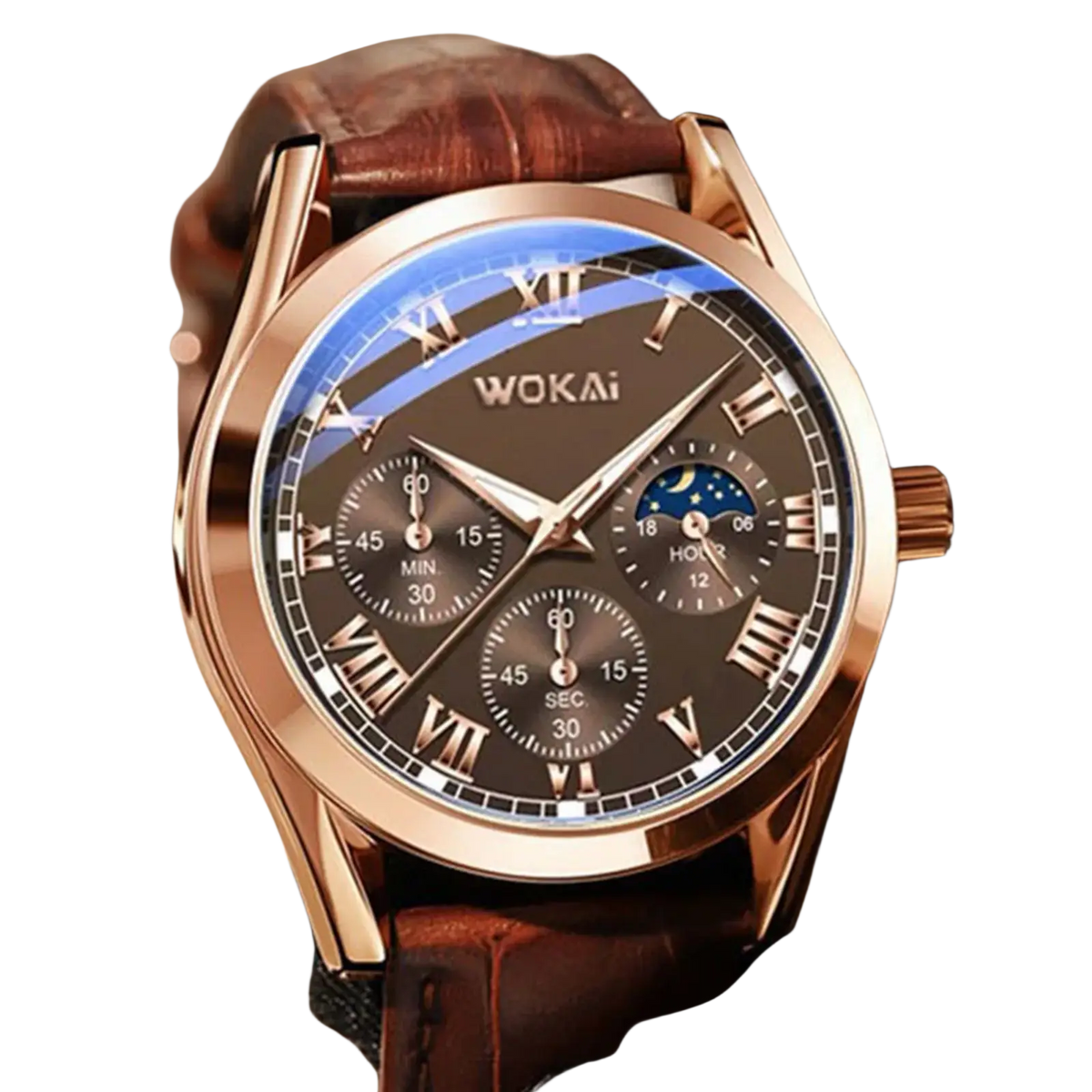 Mens quartz leather business watch rose gold-toned wokai with dark brown dial roman numerals and moon phase subdials