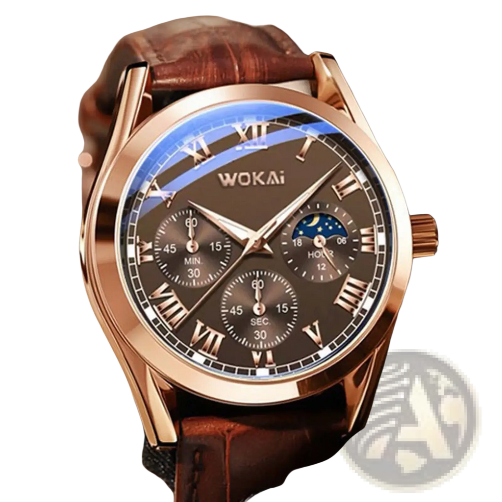 Mens quartz leather business watch rose gold-toned wokai with dark brown dial roman numerals and moon phase subdials