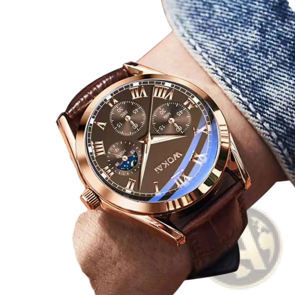 Mens quartz leather business watch rose gold tone chronograph with dark brown dial roman numerals and textured strap