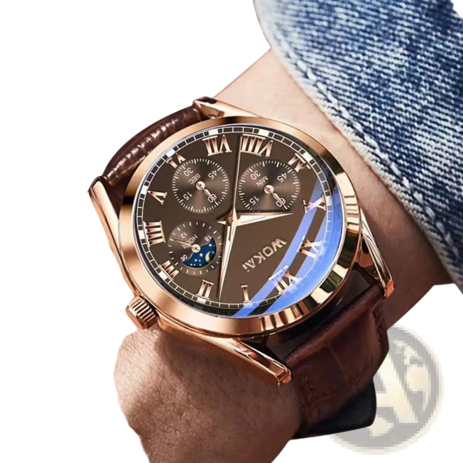 Mens quartz leather business watch rose gold tone chronograph with dark brown dial roman numerals and textured strap