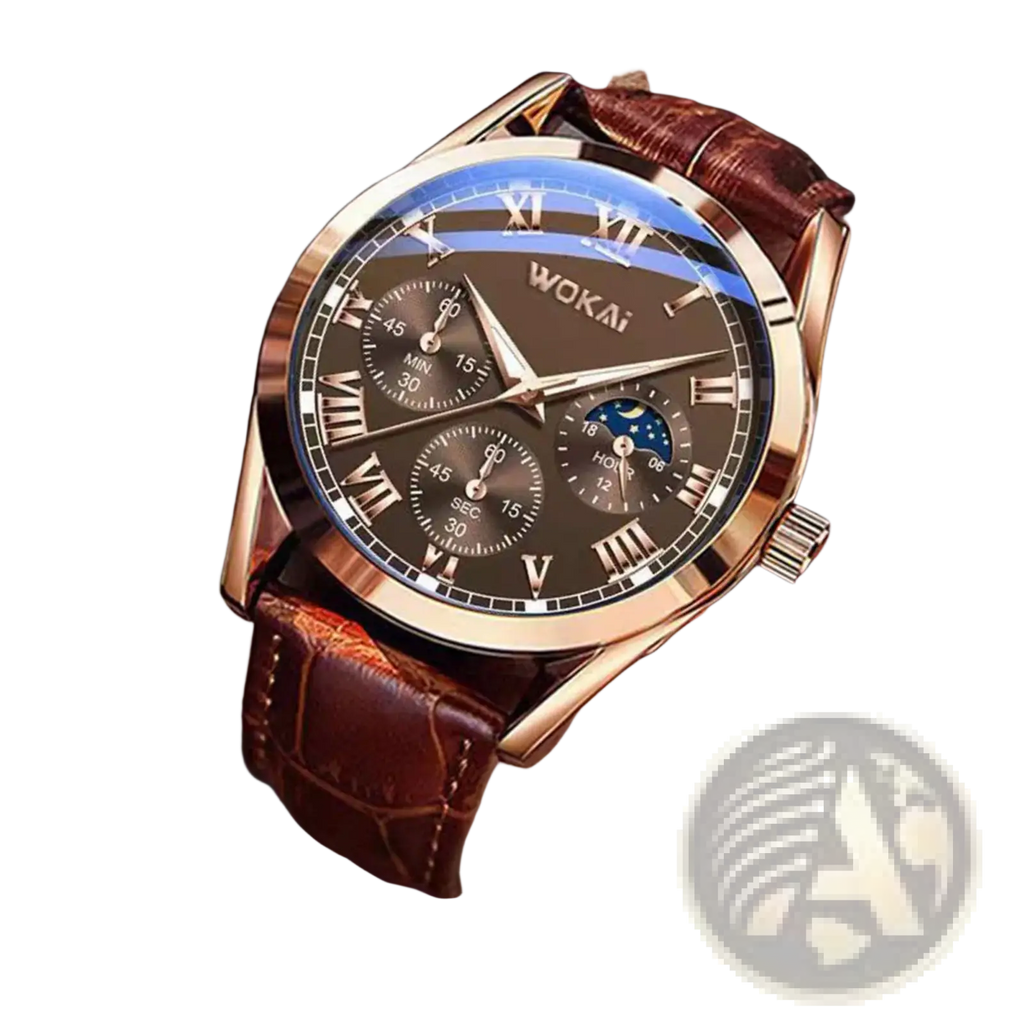 Rose gold-toned wokai mens quartz leather business watch with dark brown dial roman numerals and textured strap