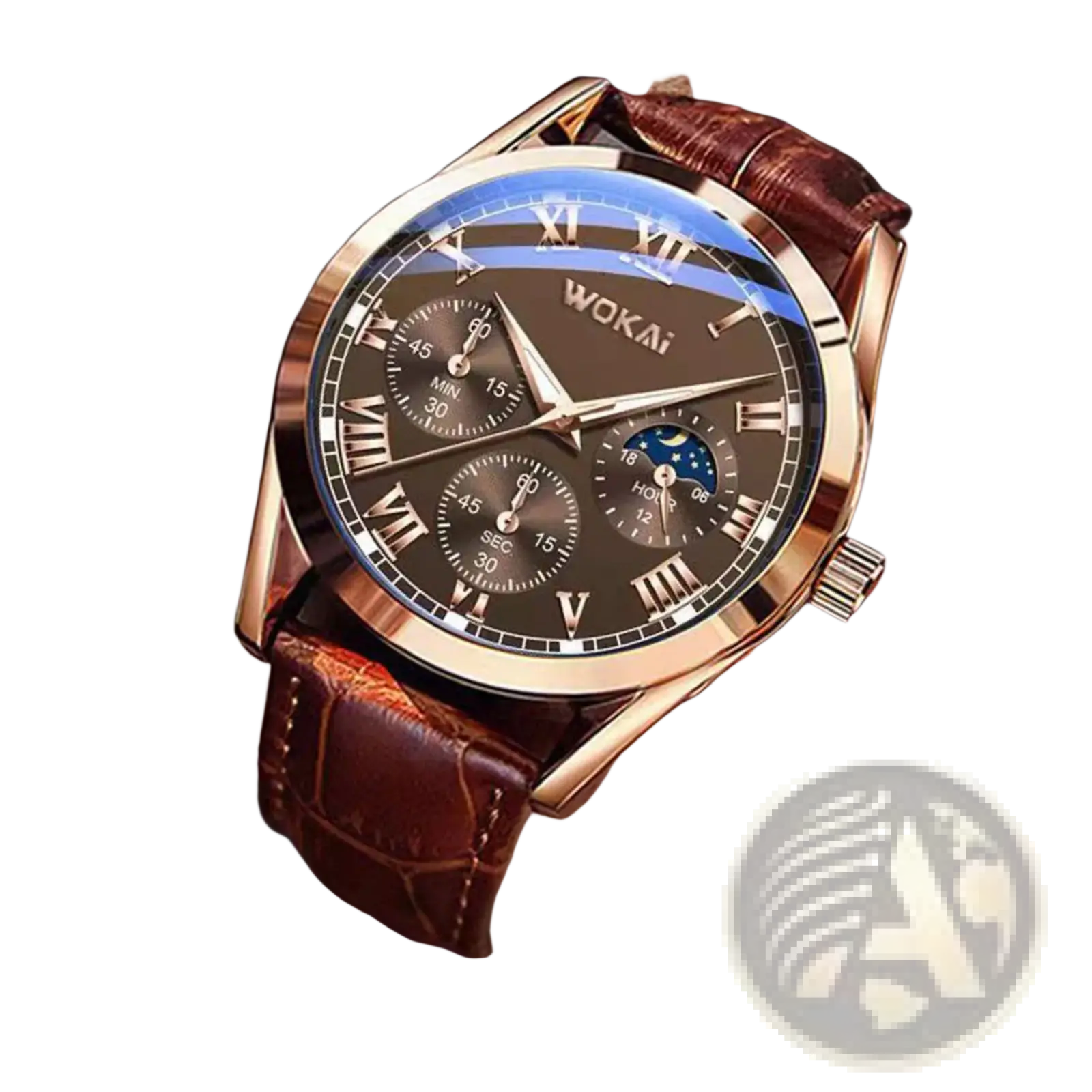 Rose gold-toned wokai mens quartz leather business watch with dark brown dial roman numerals and textured strap
