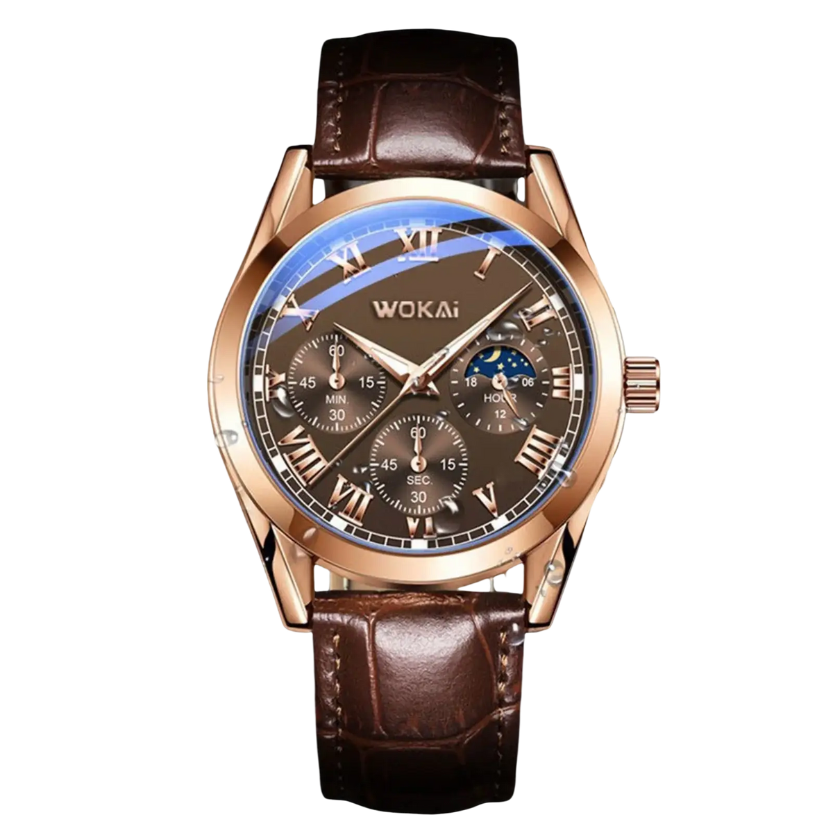 Rose gold Wokai men’s quartz leather business watch with dark brown strap and multifunctional dial featuring roman numerals
