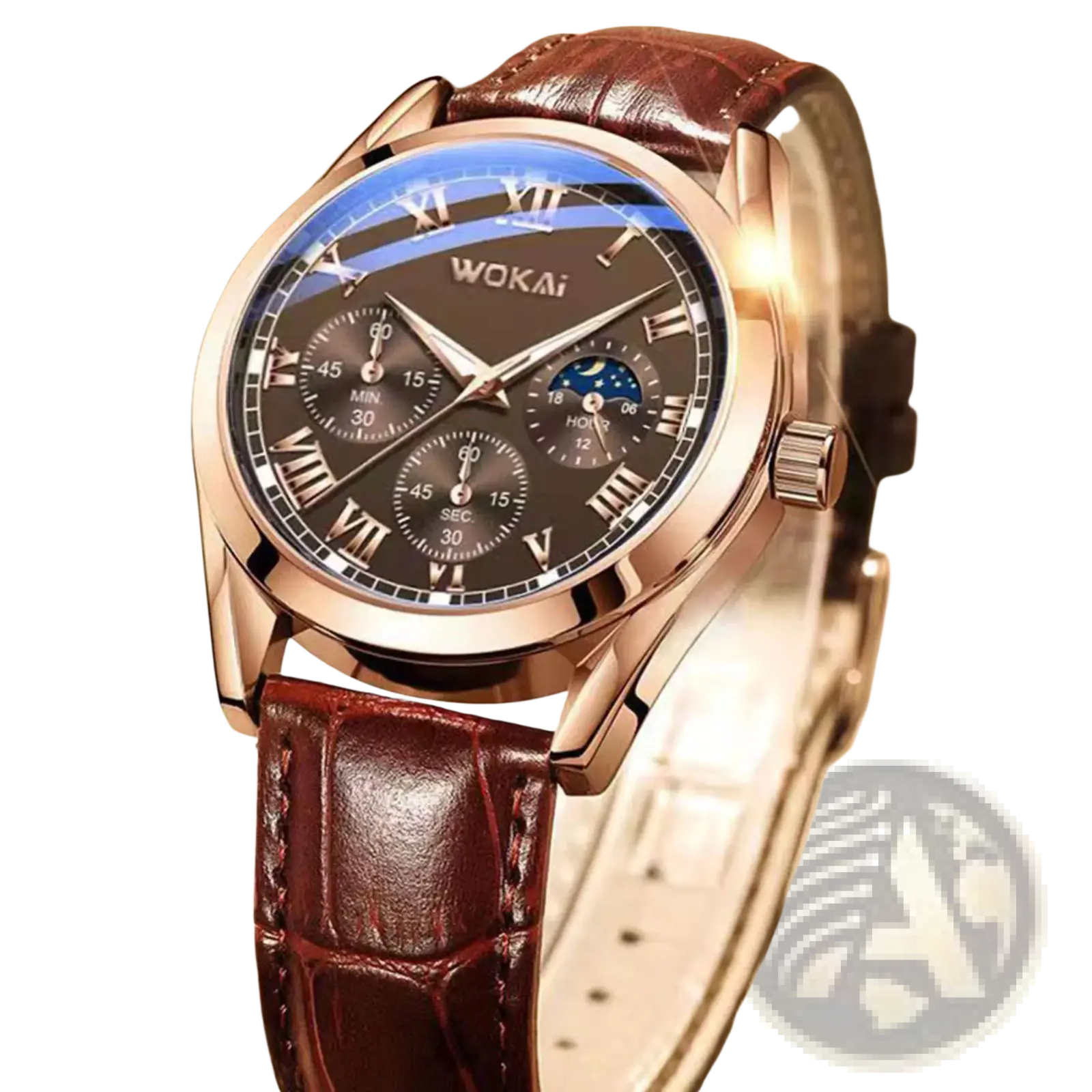 Mens quartz leather business watch with rose gold wokai chronograph, dark gray dial, roman numerals, and brown alligator strap