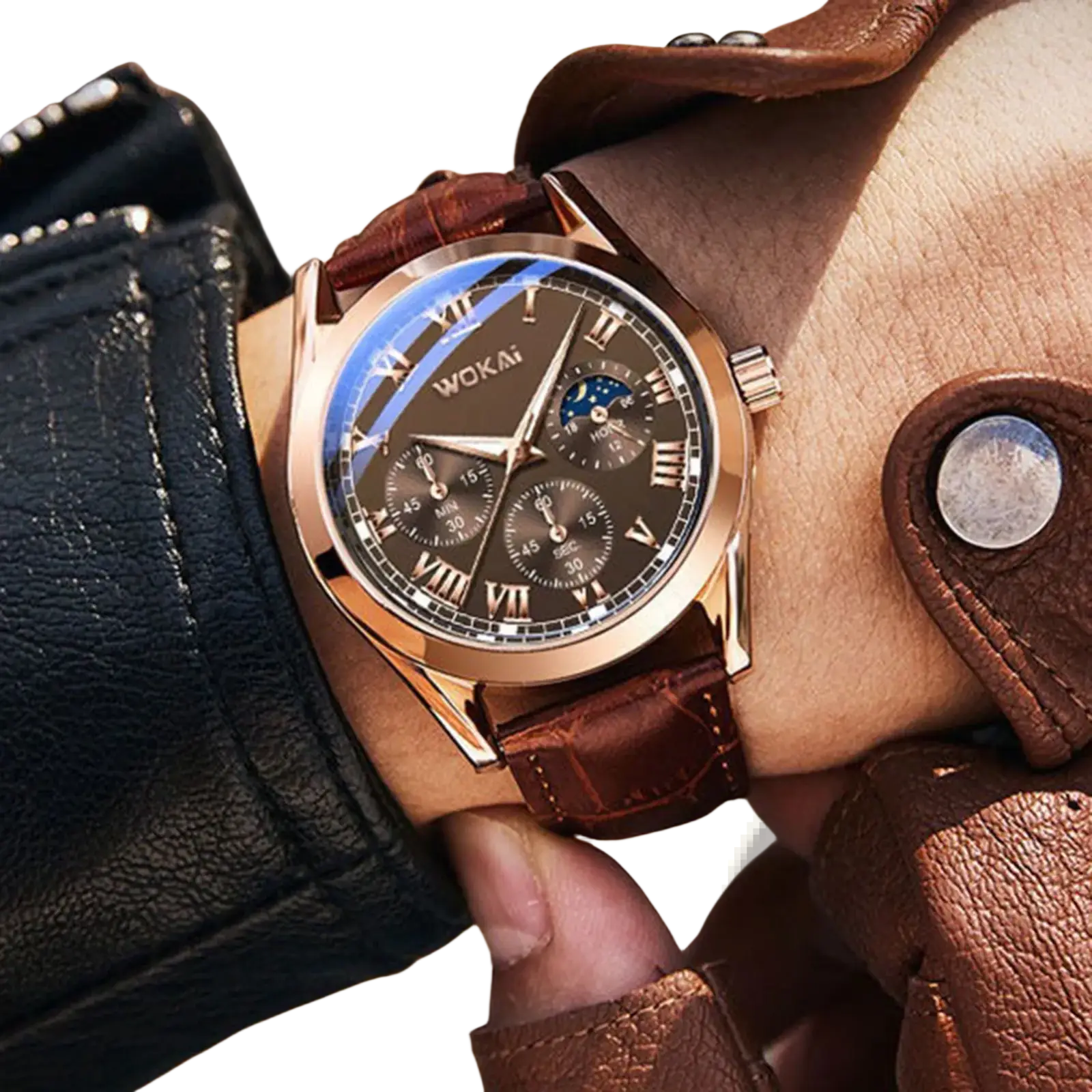 Rose gold wokai men’s quartz leather business watch with dark brown strap black dial roman numerals and moon phase