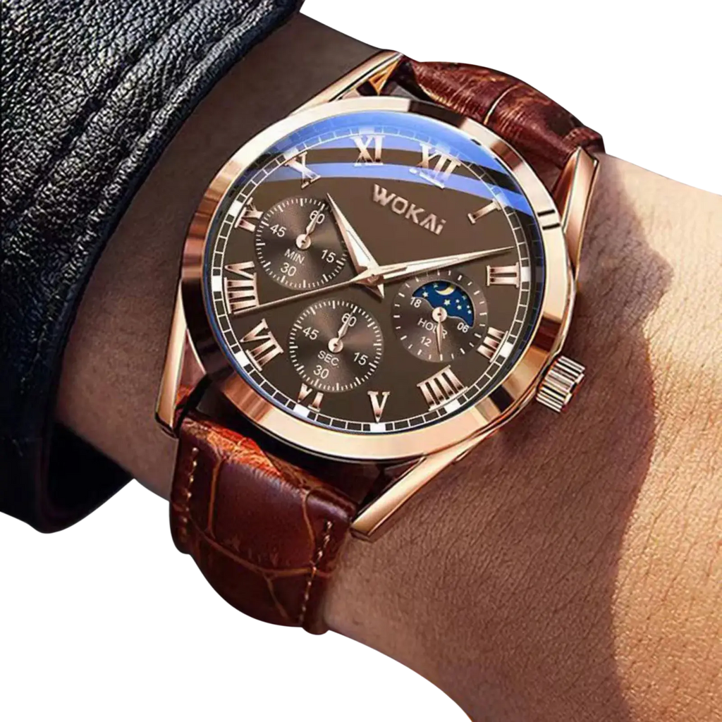 Rose gold wokai men’s quartz leather business watch with dark brown roman numeral dial and brown alligator texture strap