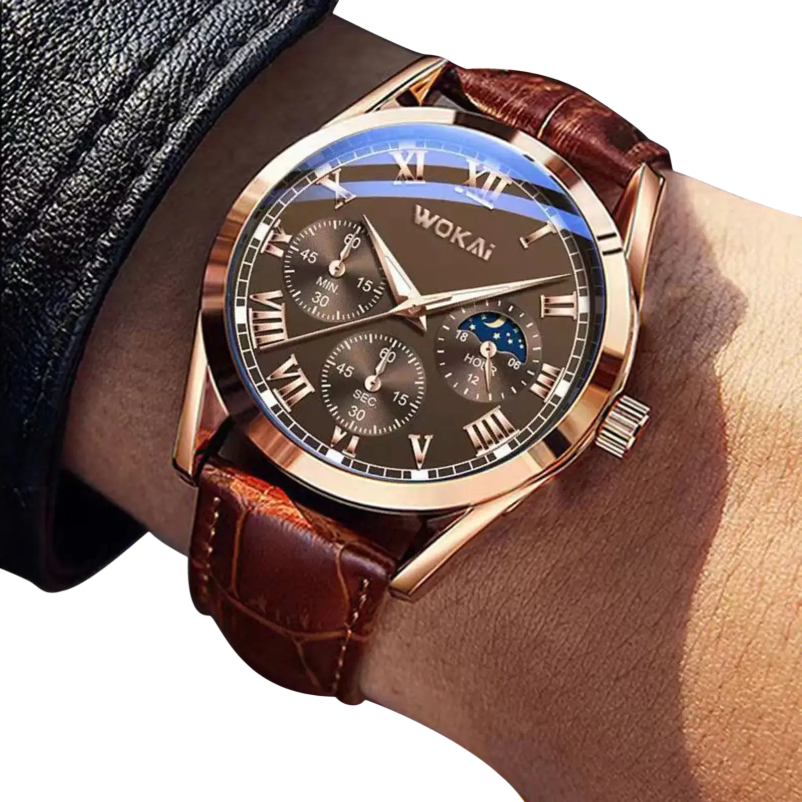 Rose gold wokai men’s quartz leather business watch with dark brown roman numeral dial and brown alligator texture strap