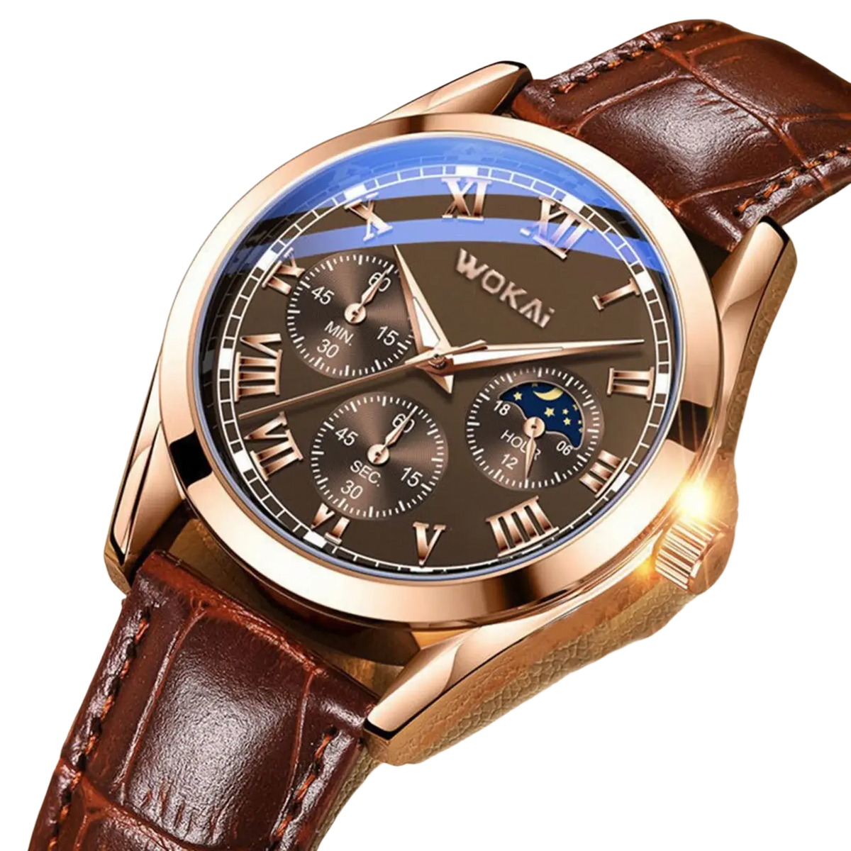 Wokai mens quartz leather business watch with rose gold case, dark brown roman numeral dial, moon phase, and brown strap