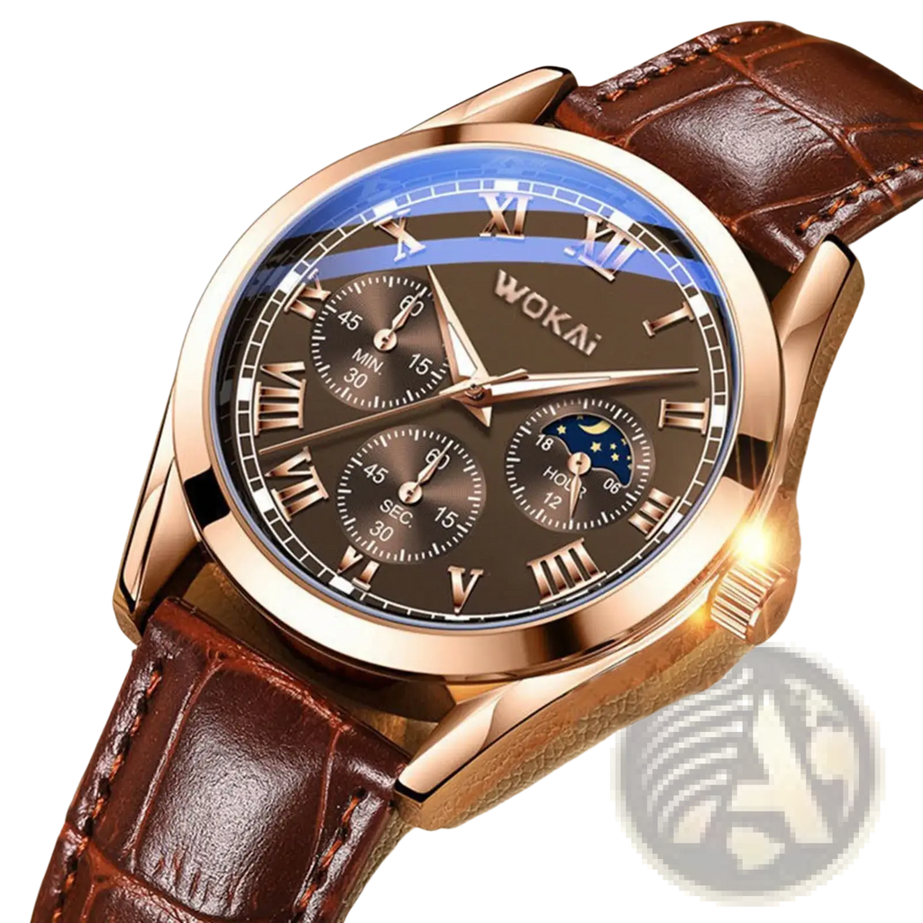 Mens quartz leather business watch by Wokai with rose gold case dark brown roman numeral dial and textured brown strap