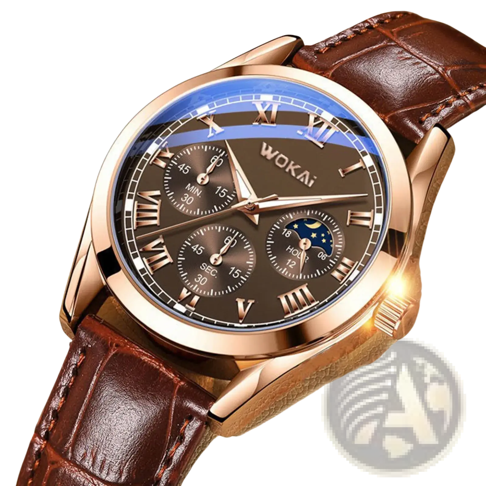 Mens quartz leather business watch by Wokai with rose gold case dark brown roman numeral dial and textured brown strap