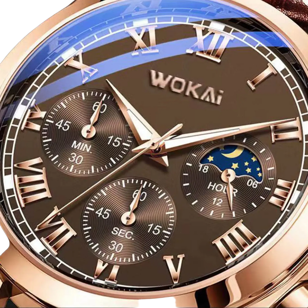 Mens quartz leather business watch by Wokai in rose gold tone with dark brown dial and moon phase chronograph subdials
