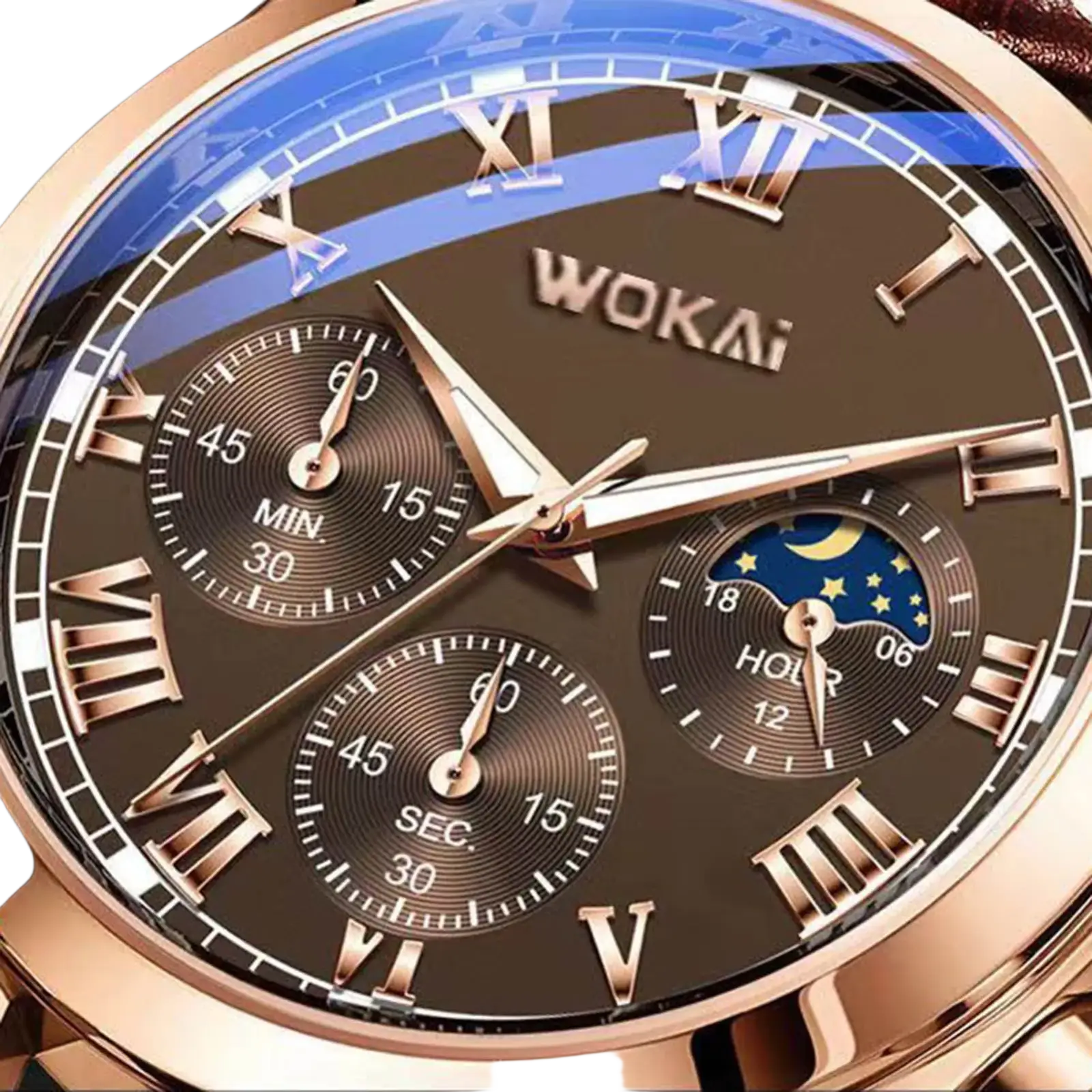 Mens quartz leather business watch by Wokai in rose gold tone with dark brown dial and moon phase chronograph subdials