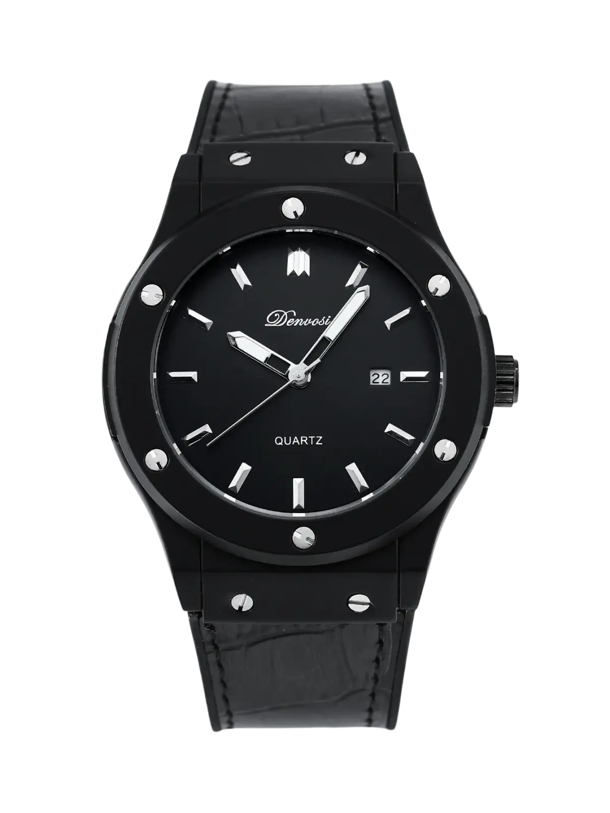Mens quartz leather watch with black denvoisi quartz dial, silver hour markers, robust case, and textured black strap