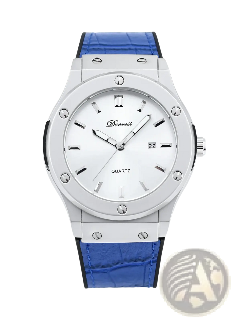 A sleek silver mens quartz leather watch with a white dial blue crocodile pattern strap by denvosi