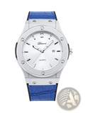 A sleek silver mens quartz leather watch with a white dial blue crocodile pattern strap by denvosi