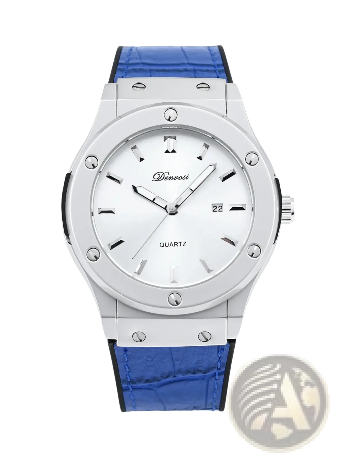 A sleek silver mens quartz leather watch with a white dial blue crocodile pattern strap by denvosi