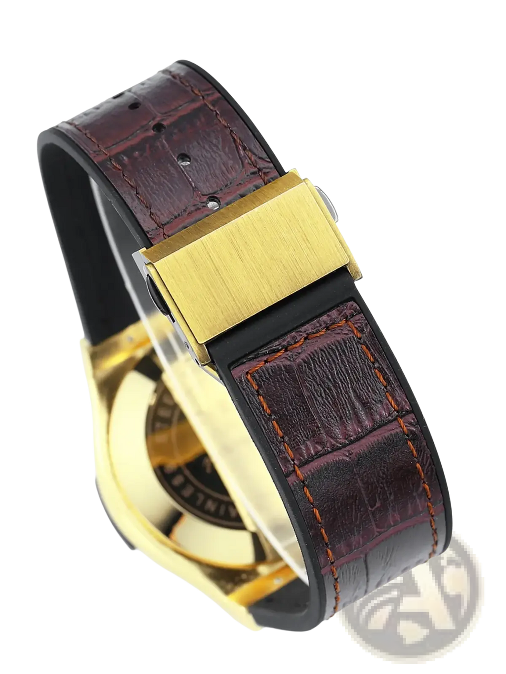 Mens quartz leather watch with brown crocodile-patterned strap, orange stitching, and gold-tone metal clasp