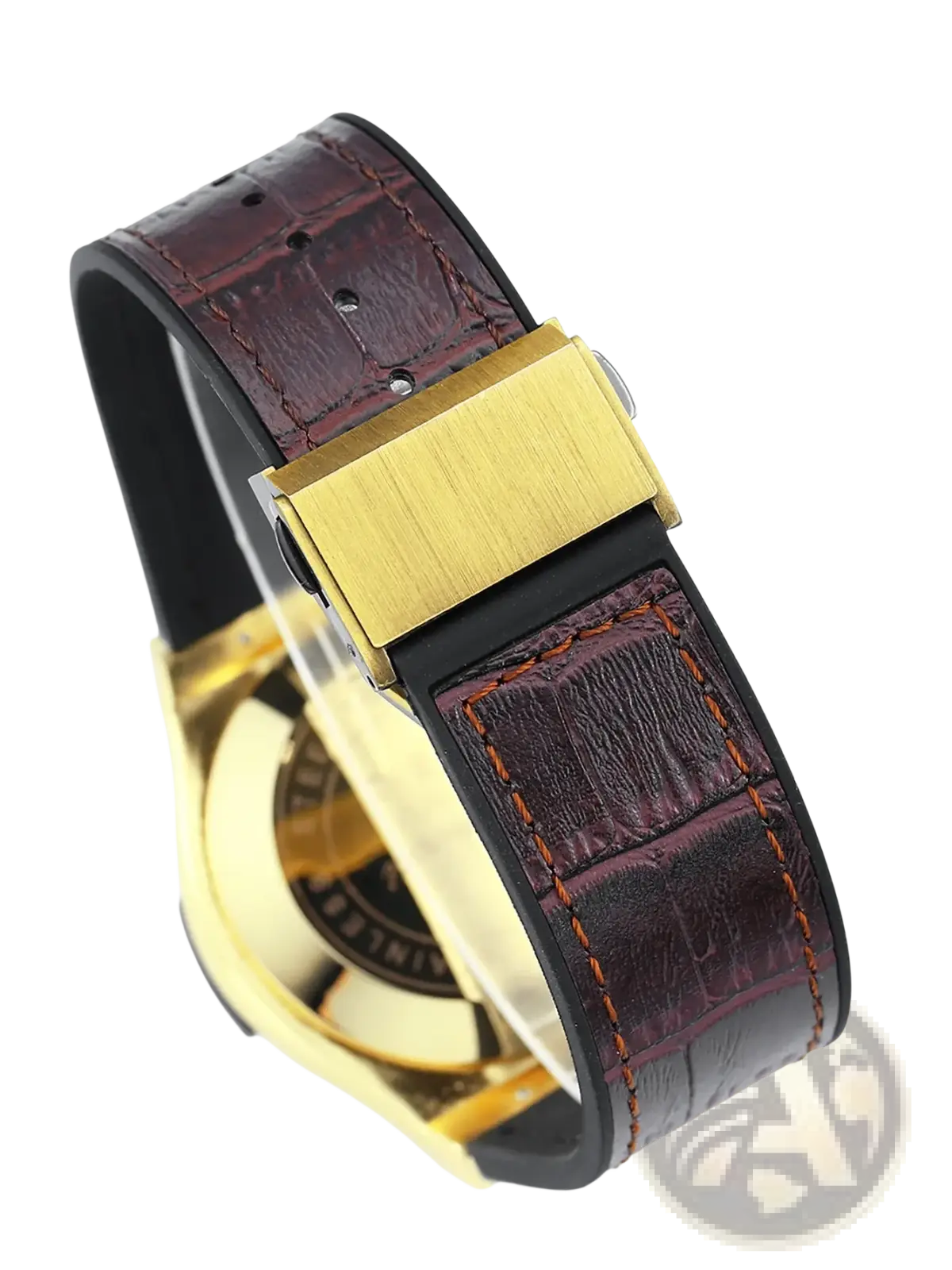 Mens quartz leather watch with brown crocodile-patterned strap, orange stitching, and gold-tone metal clasp