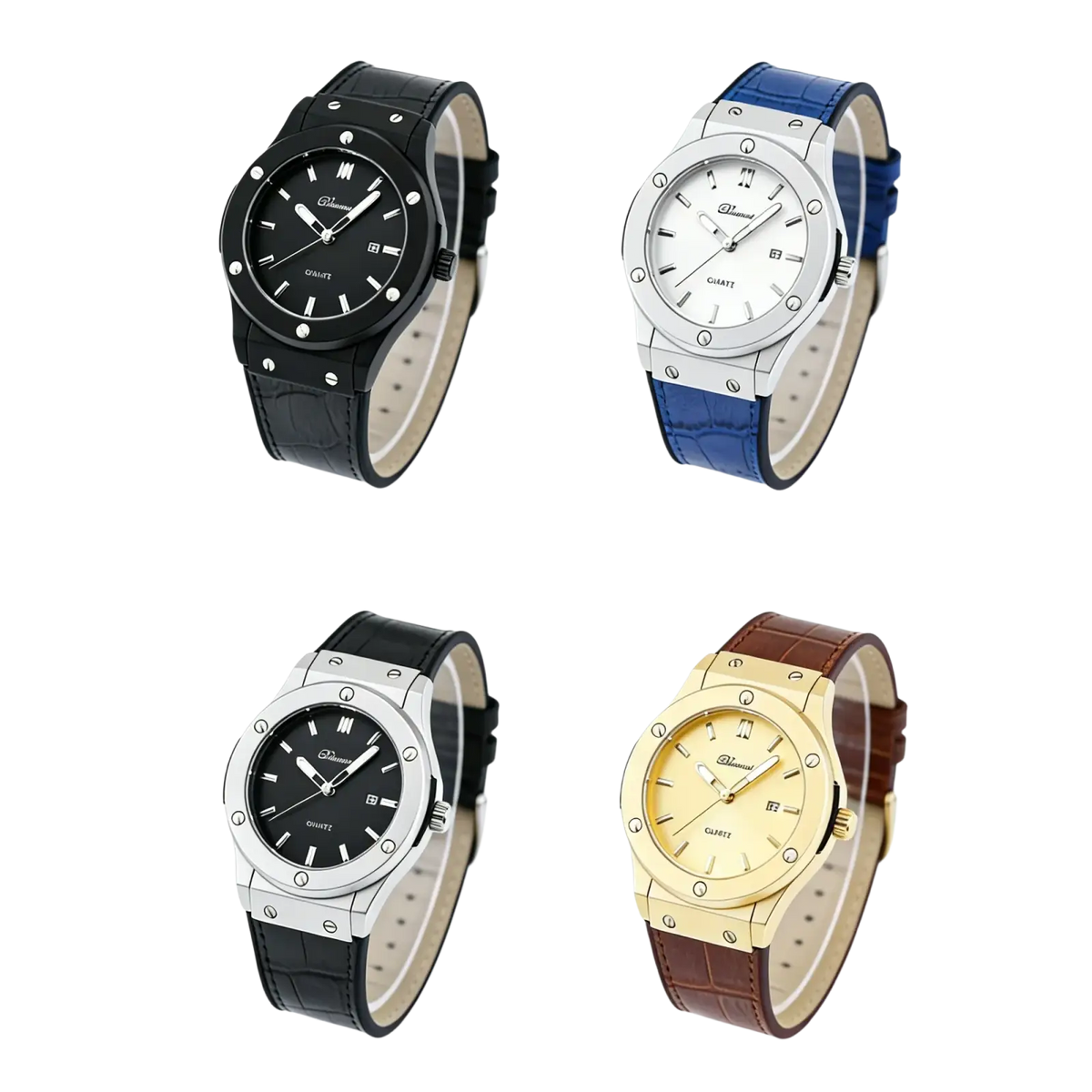 Mens quartz leather watch minimalist design showing four elegant black silver gold and blue quartz watches with leather straps