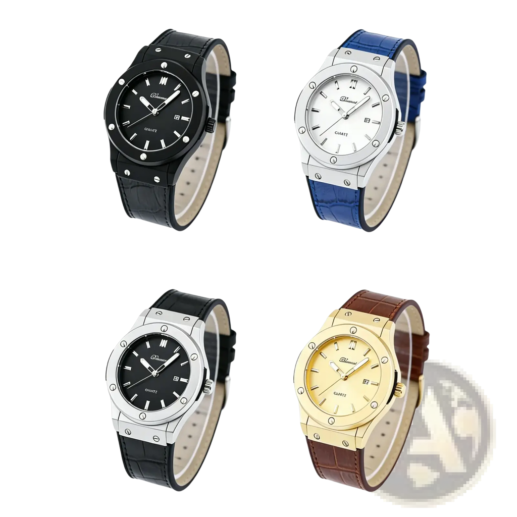 Mens quartz leather watch minimalist design showing four elegant black silver gold and blue quartz watches with leather straps