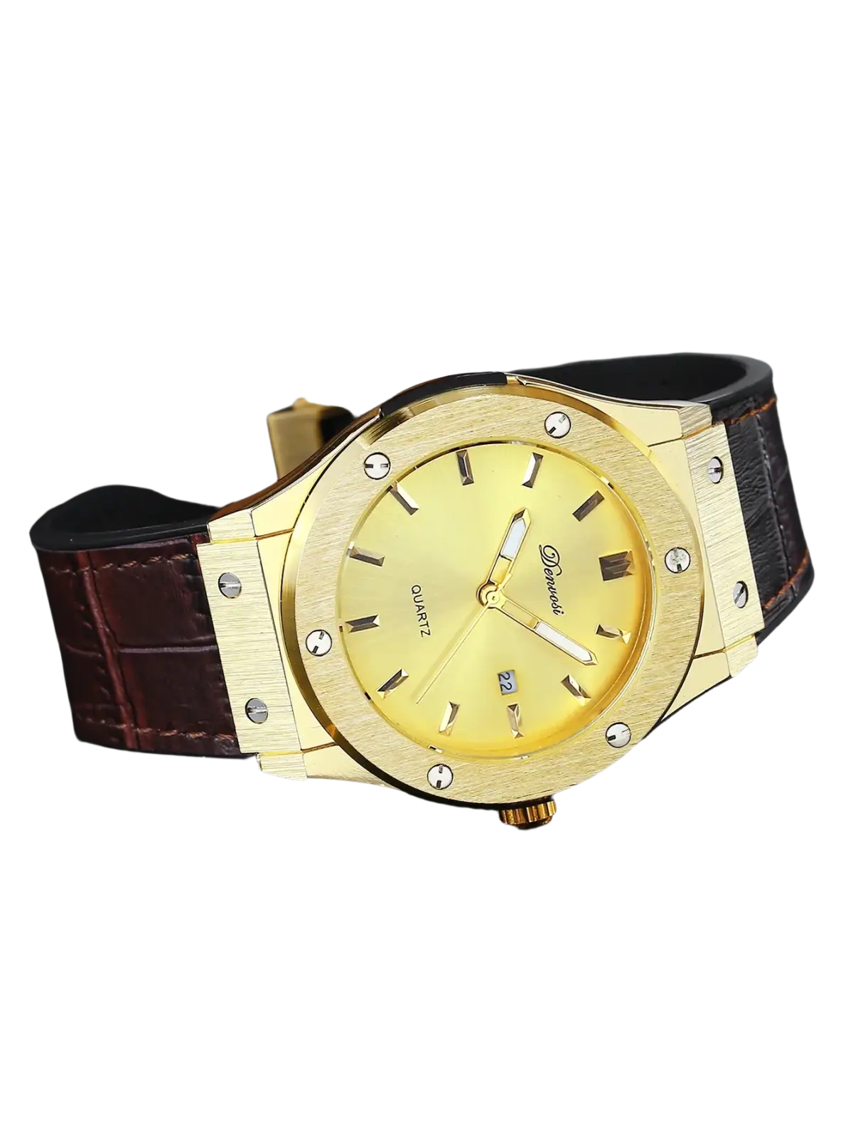 Mens quartz leather watch with gold-tone case yellow dial black crocodile-patterned strap and silver screws
