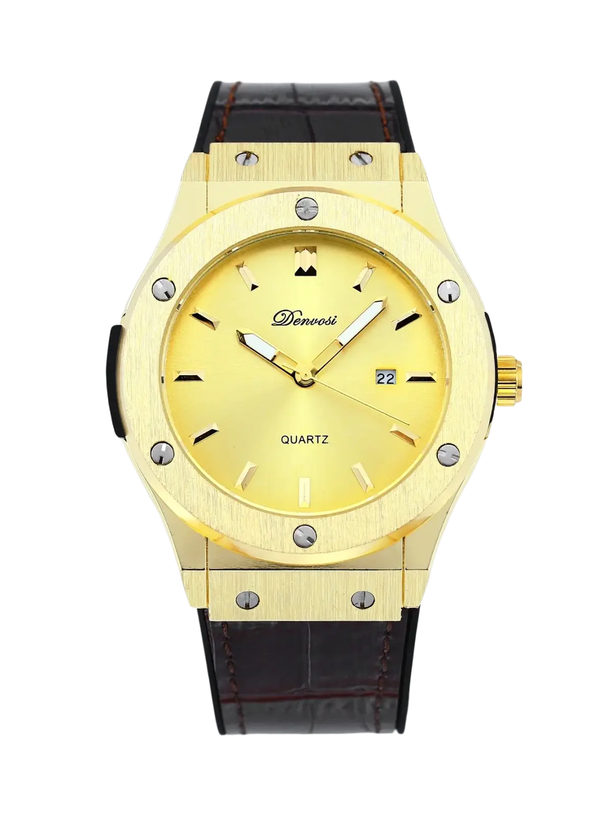 Mens quartz leather watch featuring a gold-tone denvosi quartz case yellow dial and black leather strap with brown stitching