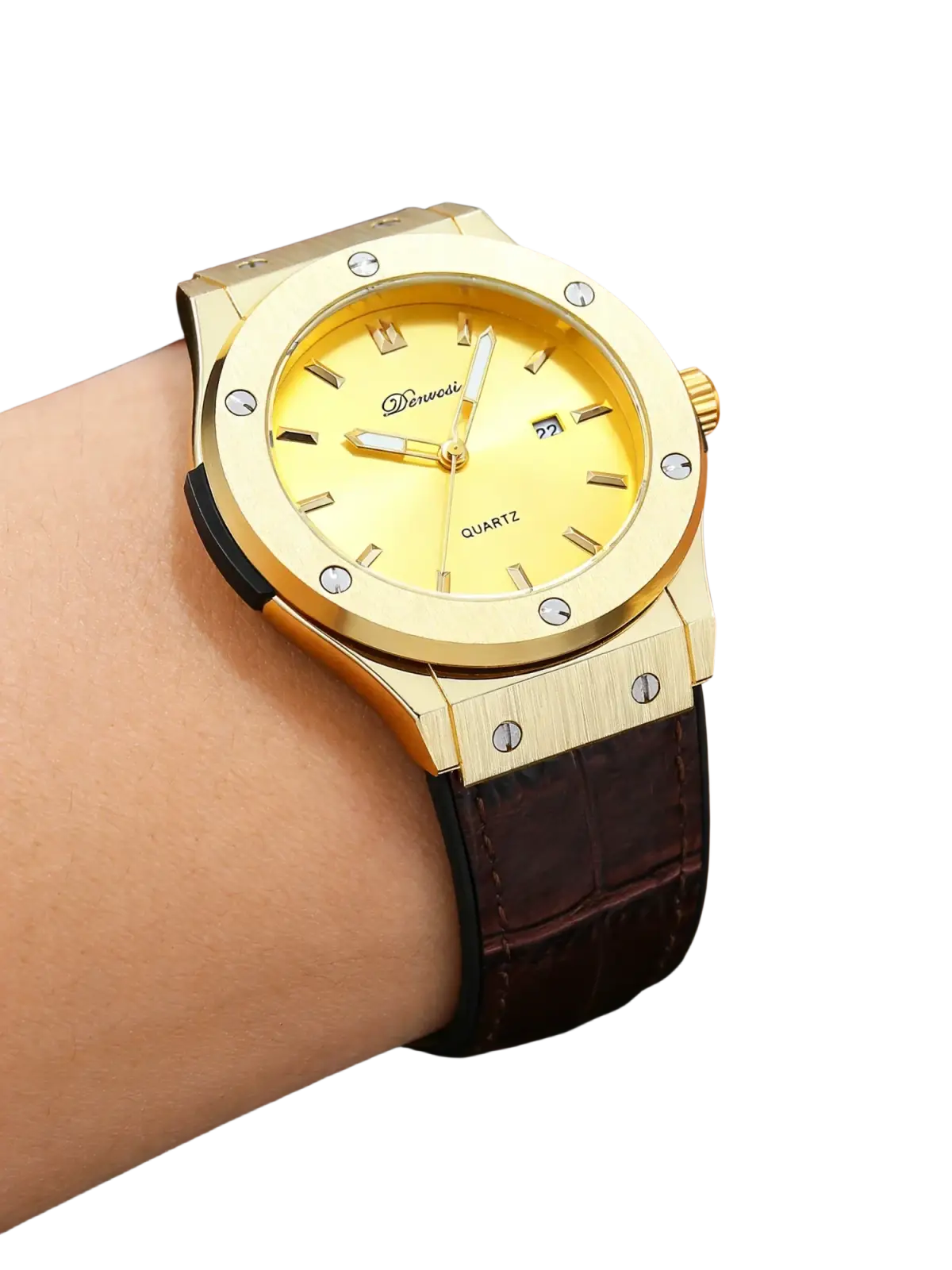 Gold-tone men’s quartz leather watch with yellow dial silver hour markers and dark brown crocodile-pattern strap