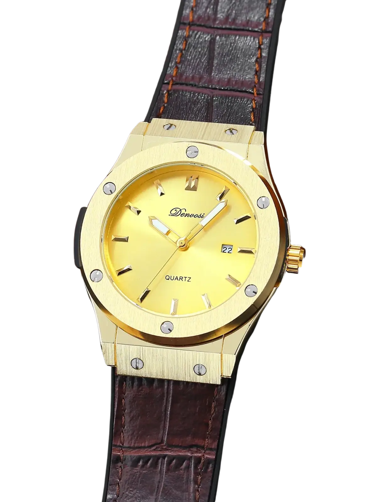 Gold-tone men’s quartz leather watch with yellow dial brown crocodile-patterned strap and silver-toned case screws