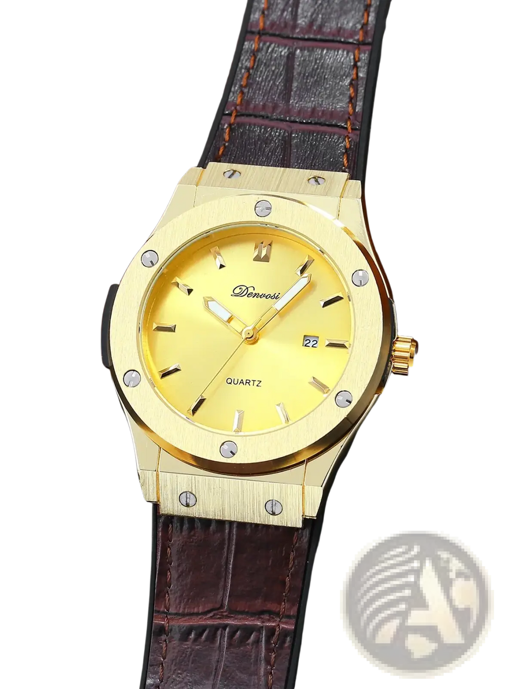 Gold-tone men’s quartz leather watch with yellow dial brown crocodile-patterned strap and silver-toned case screws