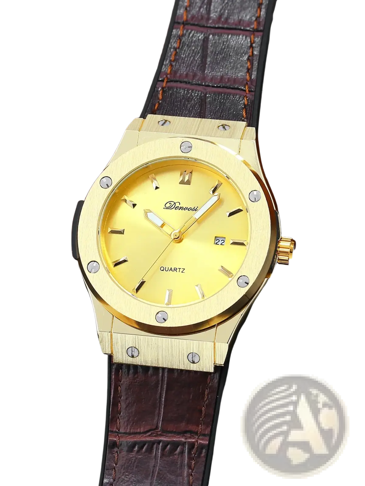 Gold-tone men’s quartz leather watch with yellow dial brown crocodile-patterned strap and silver-toned case screws