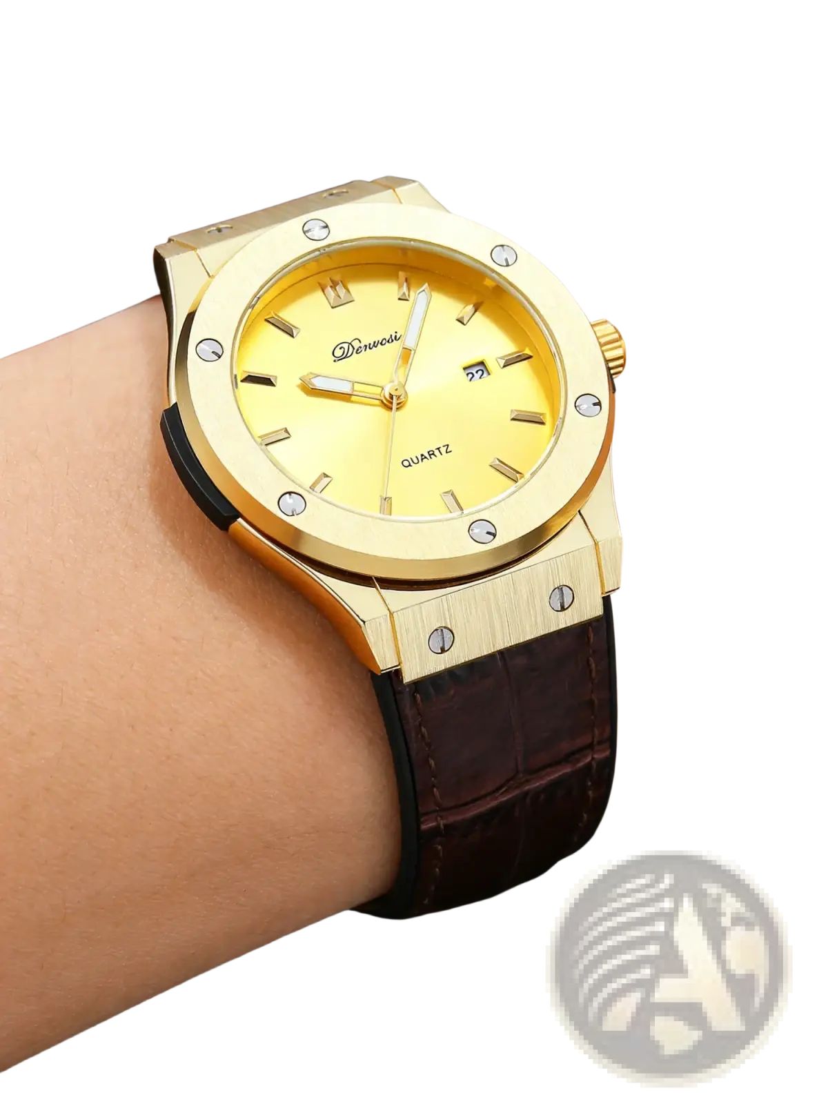 Gold-tone men’s quartz leather watch with yellow dial silver hour markers and dark brown crocodile-pattern strap