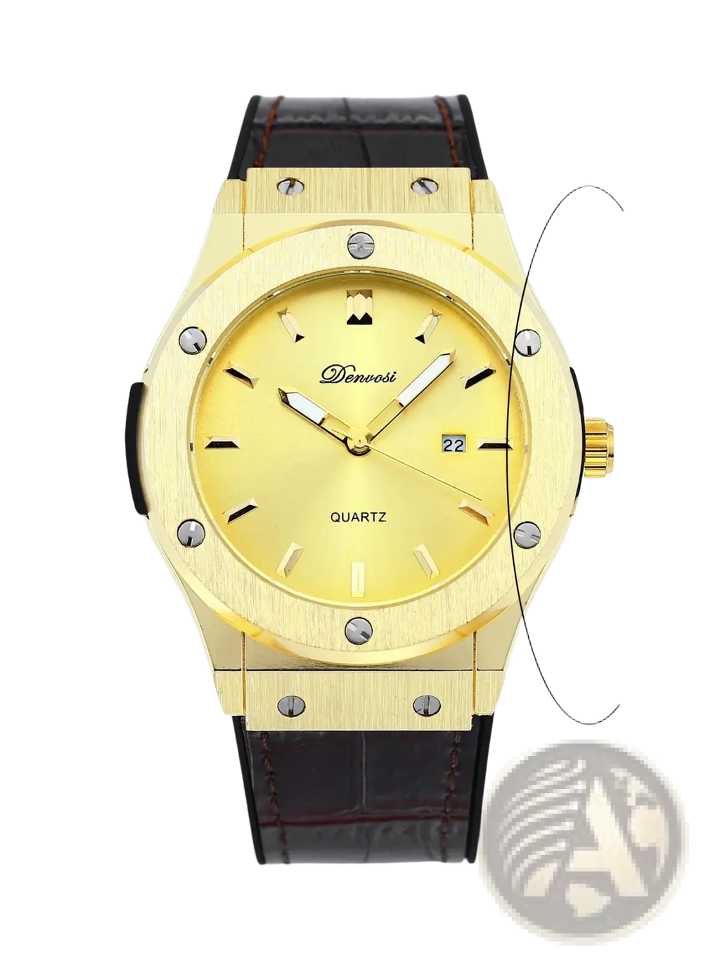 Mens quartz leather watch minimalist design with gold-tone case yellow dial and black leather strap