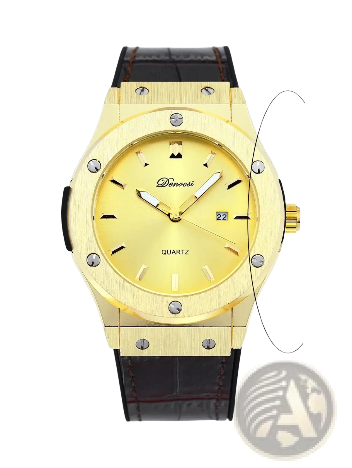 Mens quartz leather watch minimalist design with gold-tone case yellow dial and black leather strap